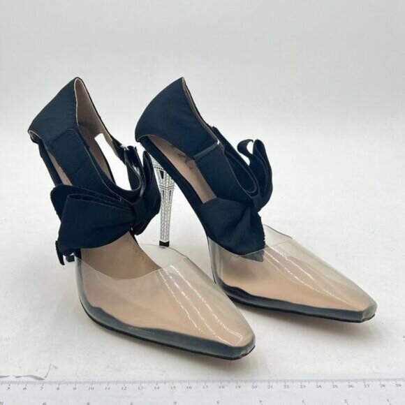 Black Pointed Toe High Heels Ankle Strap Bow Clear Pumps D'Orsay Shoe Dress Wear - Picture 2 of 6